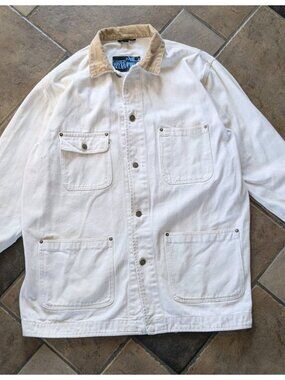 Vintage 90s Canyon River Blues White Canvas Chore Coat Women’s M Corduroy Collar